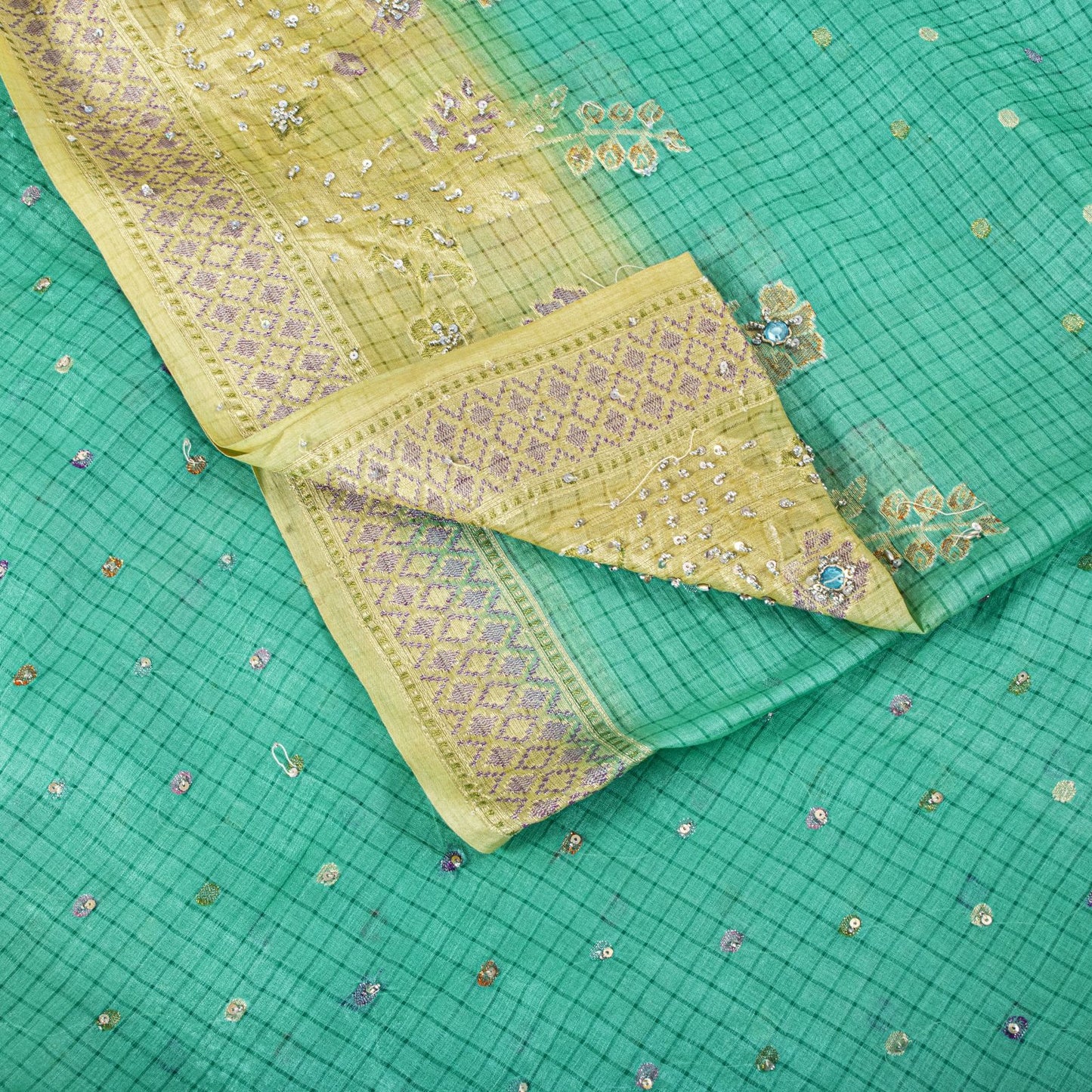 Sanskriti Vintage Saree Blue Pure Silk Hand Beaded-Woven Craft Fabric 6Yard Sari
