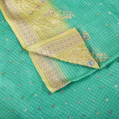 Sanskriti Vintage Saree Blue Pure Silk Hand Beaded-Woven Craft Fabric 6Yard Sari