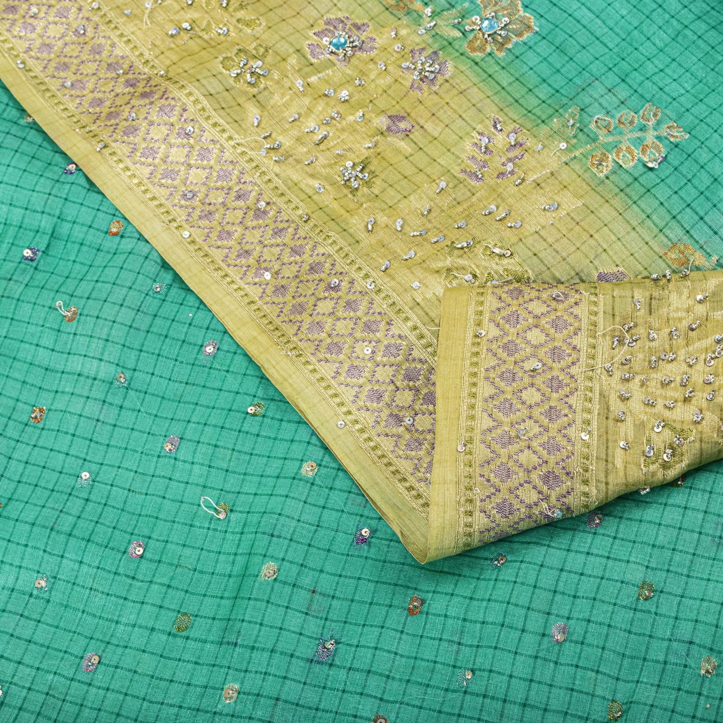 Sanskriti Vintage Saree Blue Pure Silk Hand Beaded-Woven Craft Fabric 6Yard Sari
