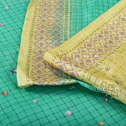 Sanskriti Vintage Saree Blue Pure Silk Hand Beaded-Woven Craft Fabric 6Yard Sari