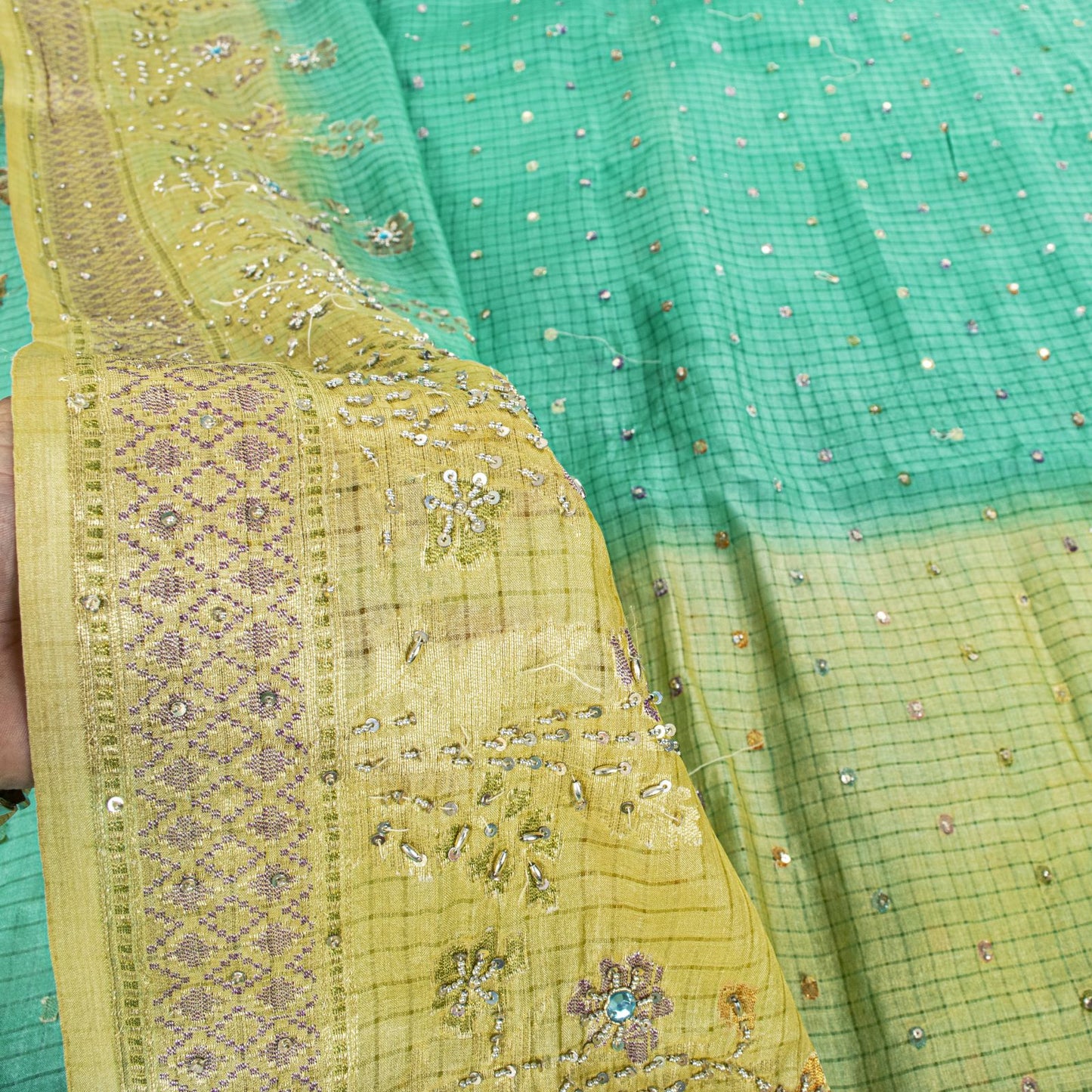 Sanskriti Vintage Saree Blue Pure Silk Hand Beaded-Woven Craft Fabric 6Yard Sari