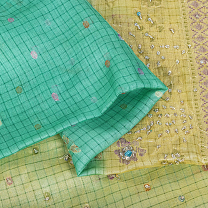 Sanskriti Vintage Saree Blue Pure Silk Hand Beaded-Woven Craft Fabric 6Yard Sari
