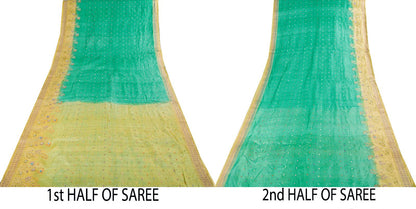 Sanskriti Vintage Saree Blue Pure Silk Hand Beaded-Woven Craft Fabric 6Yard Sari