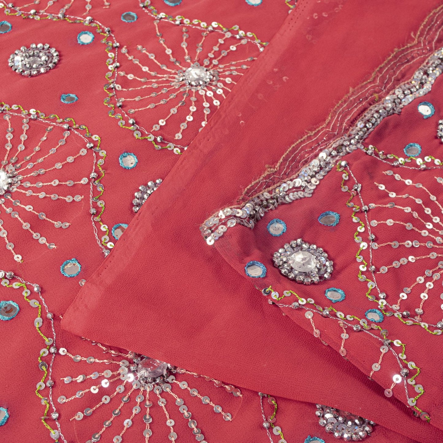 Sanskriti Vintage Saree Pink Georgette Hand Beaded Craft Fabric Indian Sari 6YD