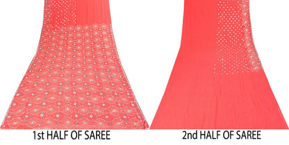 Sanskriti Vintage Saree Pink Georgette Hand Beaded Craft Fabric Indian Sari 6YD
