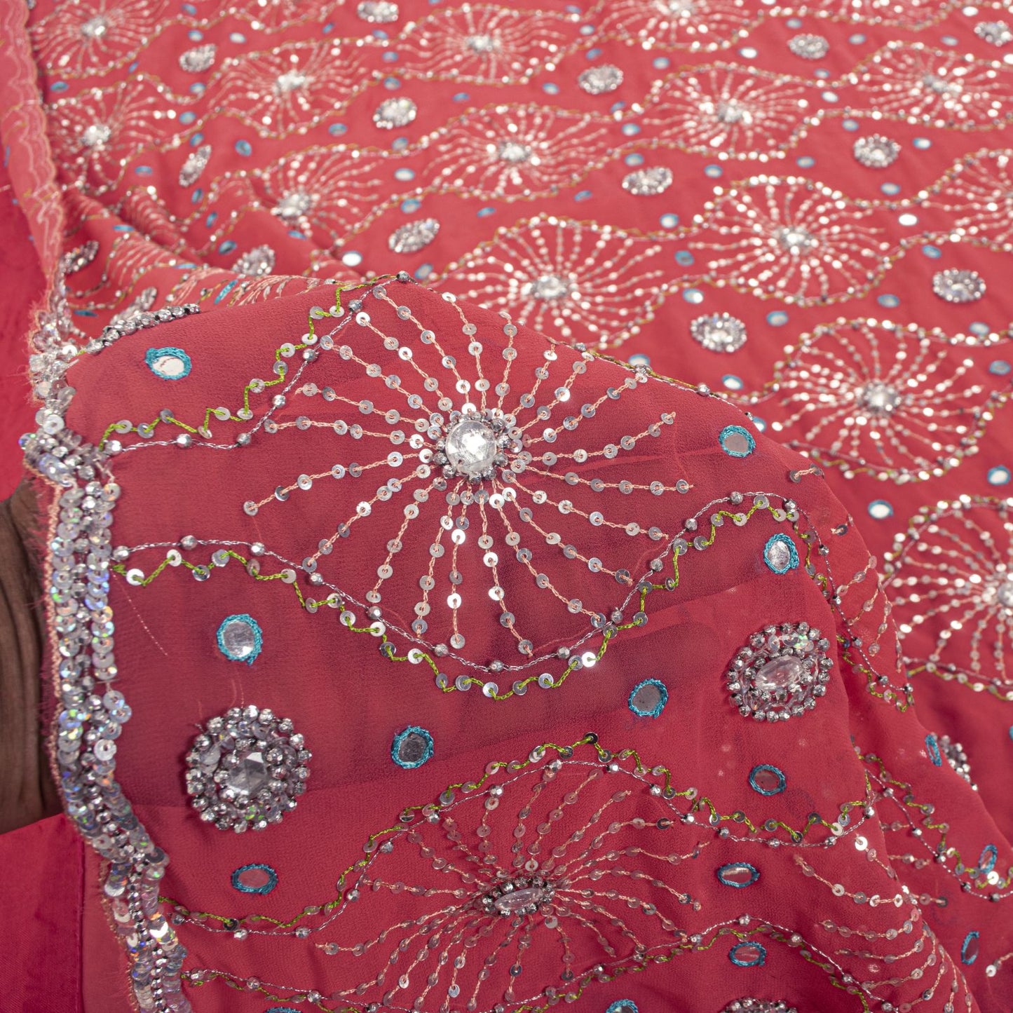 Sanskriti Vintage Saree Pink Georgette Hand Beaded Craft Fabric Indian Sari 6YD