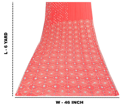 Sanskriti Vintage Saree Pink Georgette Hand Beaded Craft Fabric Indian Sari 6YD