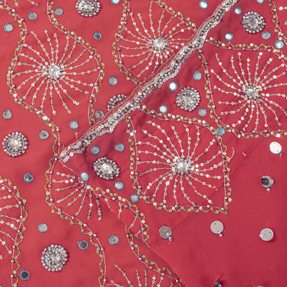 Sanskriti Vintage Saree Pink Georgette Hand Beaded Craft Fabric Indian Sari 6YD