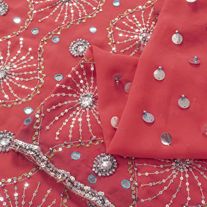 Sanskriti Vintage Saree Pink Georgette Hand Beaded Craft Fabric Indian Sari 6YD