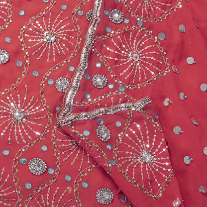 Sanskriti Vintage Saree Pink Georgette Hand Beaded Craft Fabric Indian Sari 6YD