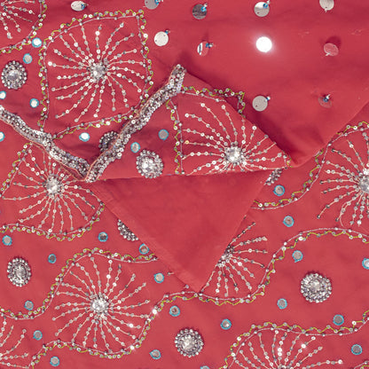 Sanskriti Vintage Saree Pink Georgette Hand Beaded Craft Fabric Indian Sari 6YD