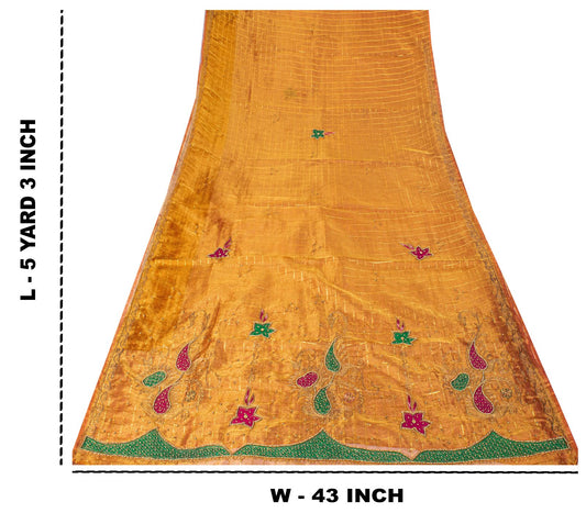 Sanskriti Vintage Golden Art Silk Saree Hand Embroidered Zari-Woven Sari Fabric