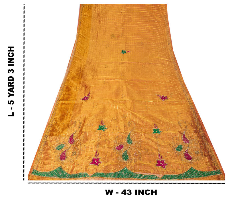 Sanskriti Vintage Golden Art Silk Saree Hand Embroidered Zari-Woven Sari Fabric