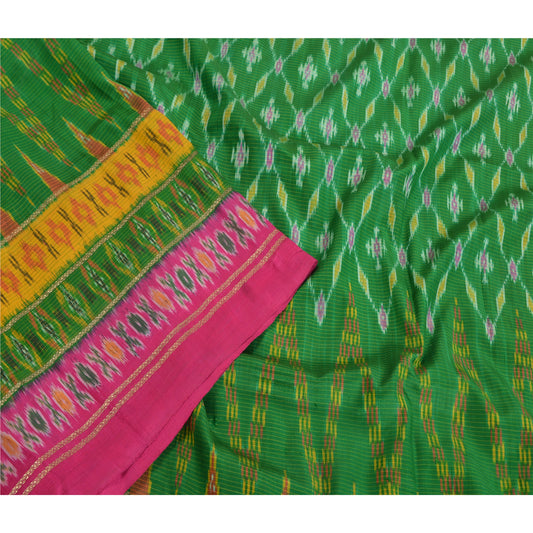 Sanskriti Vintage Saree Green Sambhalpuri Hand Woven Ikat Pure Silk Sari Fabric