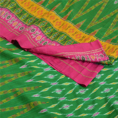 Sanskriti Vintage Saree Green Sambhalpuri Hand Woven Ikat Pure Silk Sari Fabric