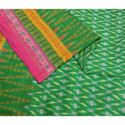 Sanskriti Vintage Saree Green Sambhalpuri Hand Woven Ikat Pure Silk Sari Fabric