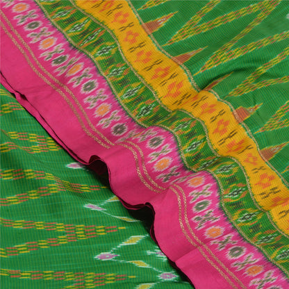 Sanskriti Vintage Saree Green Sambhalpuri Hand Woven Ikat Pure Silk Sari Fabric