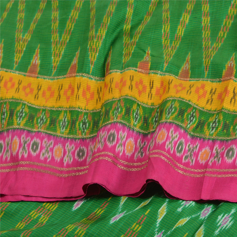 Sanskriti Vintage Saree Green Sambhalpuri Hand Woven Ikat Pure Silk Sari Fabric