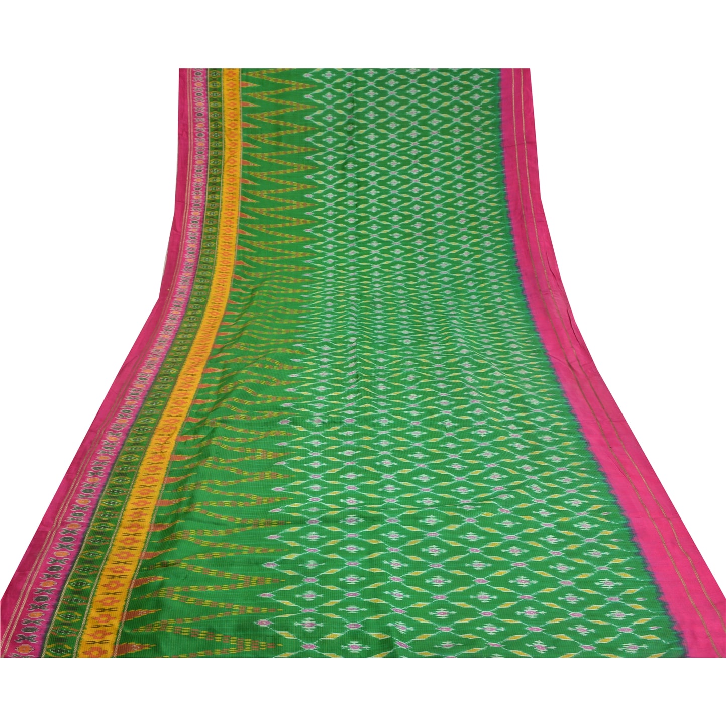 Sanskriti Vintage Saree Green Sambhalpuri Hand Woven Ikat Pure Silk Sari Fabric