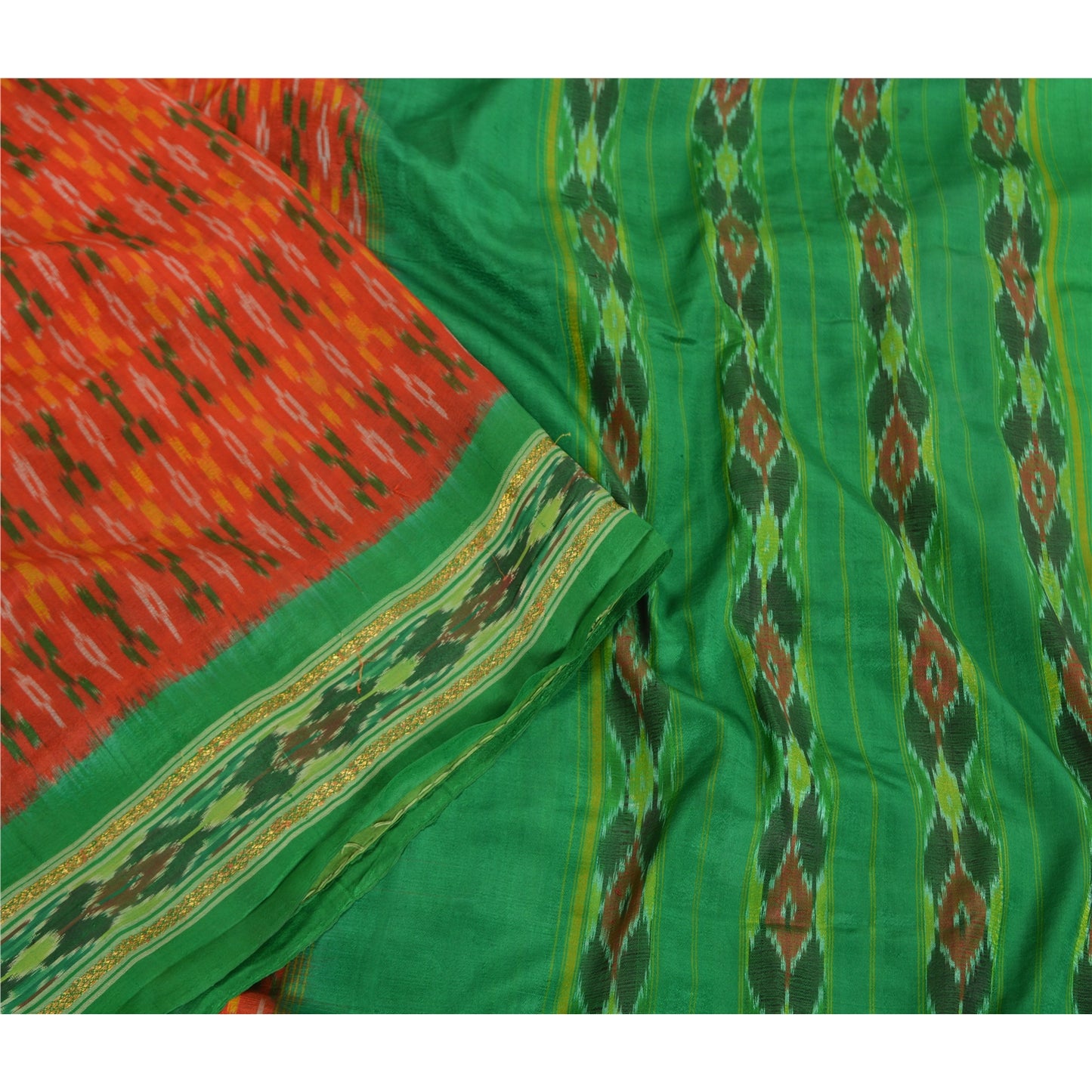 Sanskriti Vintage Saree Orange Pochampally Hand Woven Ikat Pure Silk Sari Fabric