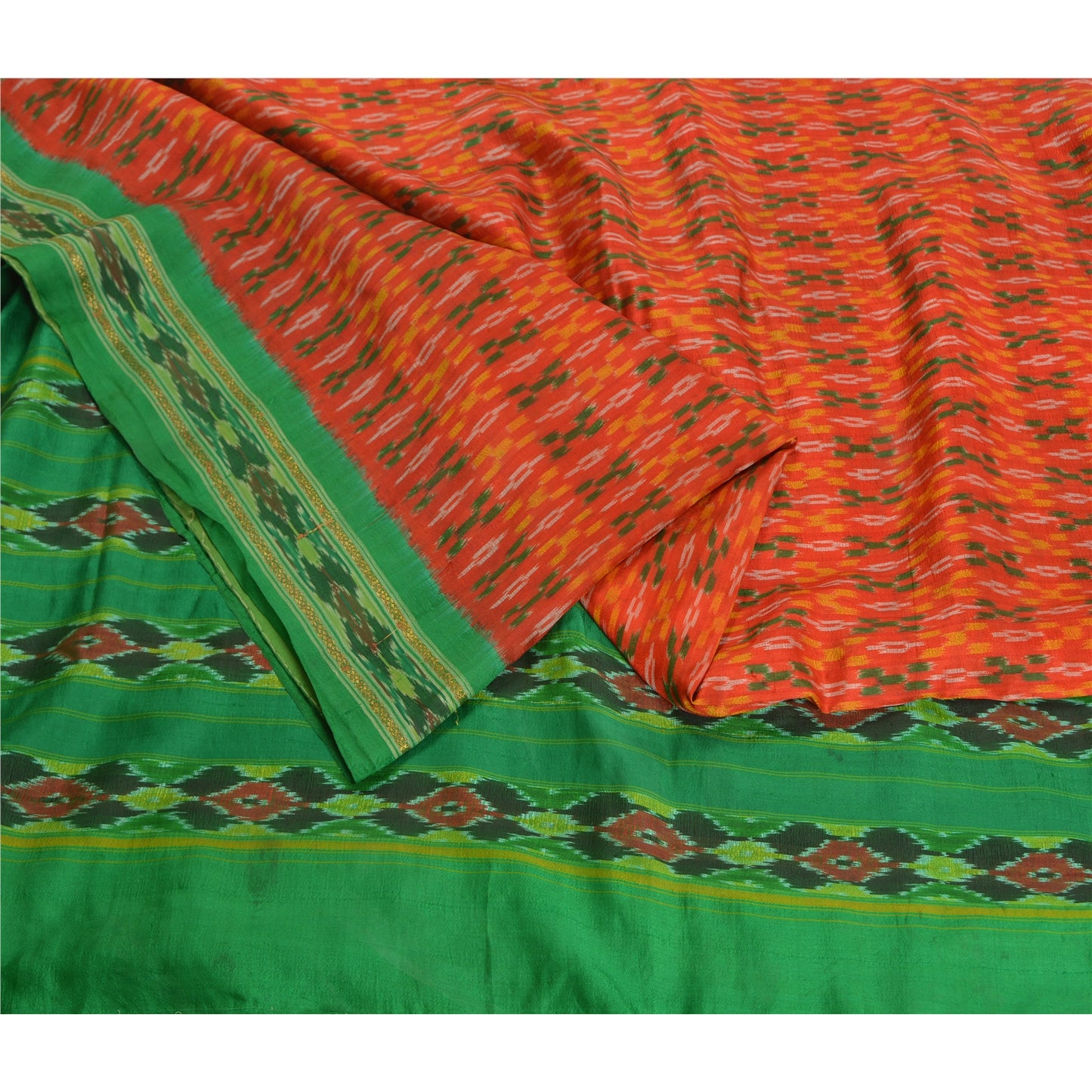 Sanskriti Vintage Saree Orange Pochampally Hand Woven Ikat Pure Silk Sari Fabric