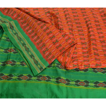 Sanskriti Vintage Saree Orange Pochampally Hand Woven Ikat Pure Silk Sari Fabric