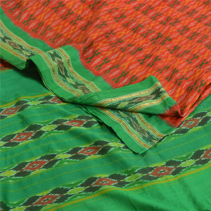 Sanskriti Vintage Saree Orange Pochampally Hand Woven Ikat Pure Silk Sari Fabric