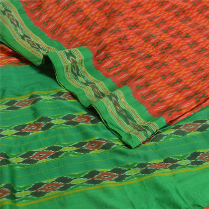 Sanskriti Vintage Saree Orange Pochampally Hand Woven Ikat Pure Silk Sari Fabric