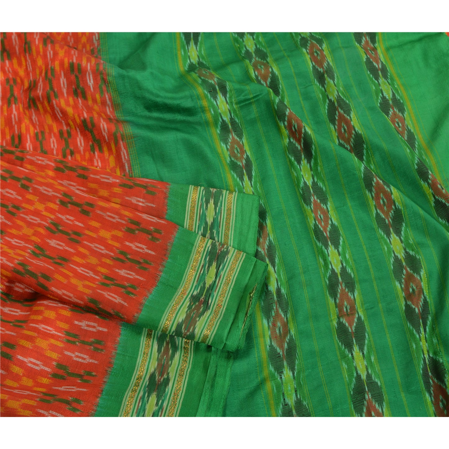Sanskriti Vintage Saree Orange Pochampally Hand Woven Ikat Pure Silk Sari Fabric