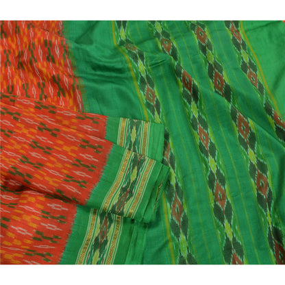 Sanskriti Vintage Saree Orange Pochampally Hand Woven Ikat Pure Silk Sari Fabric