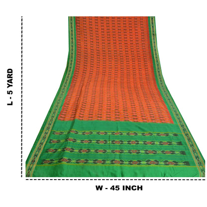 Sanskriti Vintage Saree Orange Pochampally Hand Woven Ikat Pure Silk Sari Fabric
