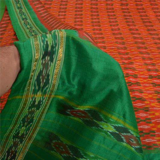 Sanskriti Vintage Saree Orange Pochampally Hand Woven Ikat Pure Silk Sari Fabric