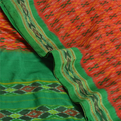 Sanskriti Vintage Saree Orange Pochampally Hand Woven Ikat Pure Silk Sari Fabric