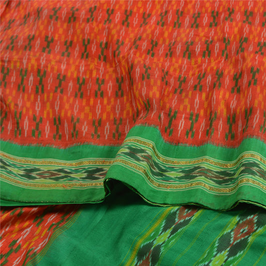 Sanskriti Vintage Saree Orange Pochampally Hand Woven Ikat Pure Silk Sari Fabric