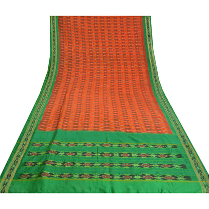 Sanskriti Vintage Saree Orange Pochampally Hand Woven Ikat Pure Silk Sari Fabric