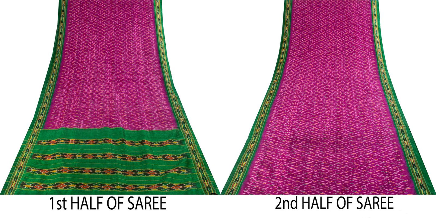 Sanskriti Vintage Pink 100% Pure Silk Saree Ikat Hand Woven Pochampally 5Yd Sari