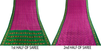 Sanskriti Vintage Pink 100% Pure Silk Saree Ikat Hand Woven Pochampally 5Yd Sari