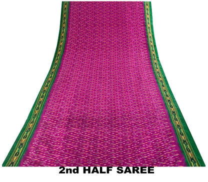 Sanskriti Vintage Pink 100% Pure Silk Saree Ikat Hand Woven Pochampally 5Yd Sari