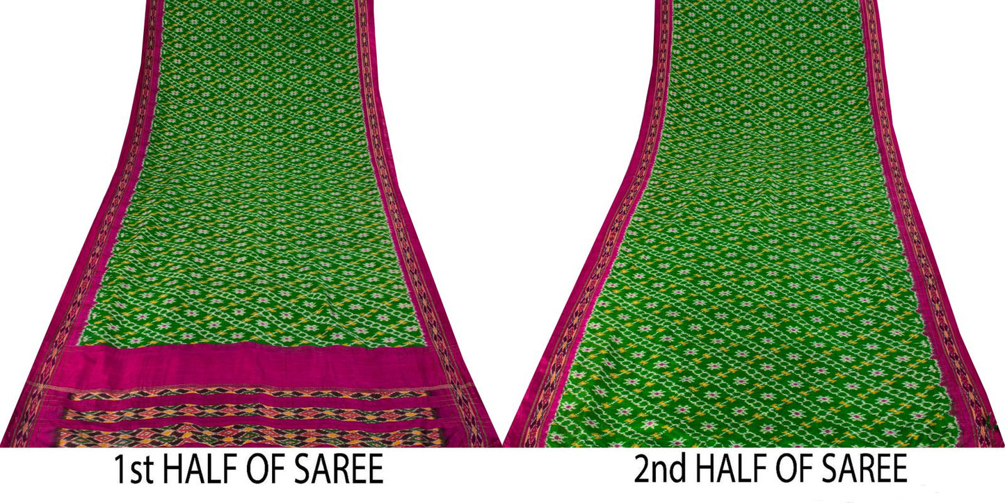 Sanskriti Vintage Green 100% Pure Silk Saree Ikat Hand Woven Pochampally Sari