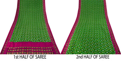 Sanskriti Vintage Green 100% Pure Silk Saree Ikat Hand Woven Pochampally Sari