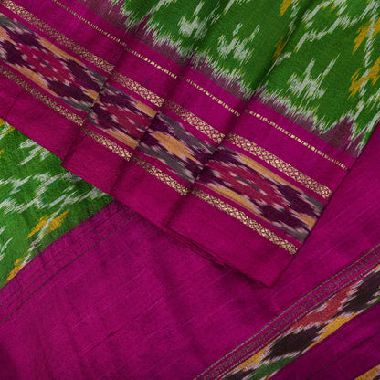Sanskriti Vintage Green 100% Pure Silk Saree Ikat Hand Woven Pochampally Sari