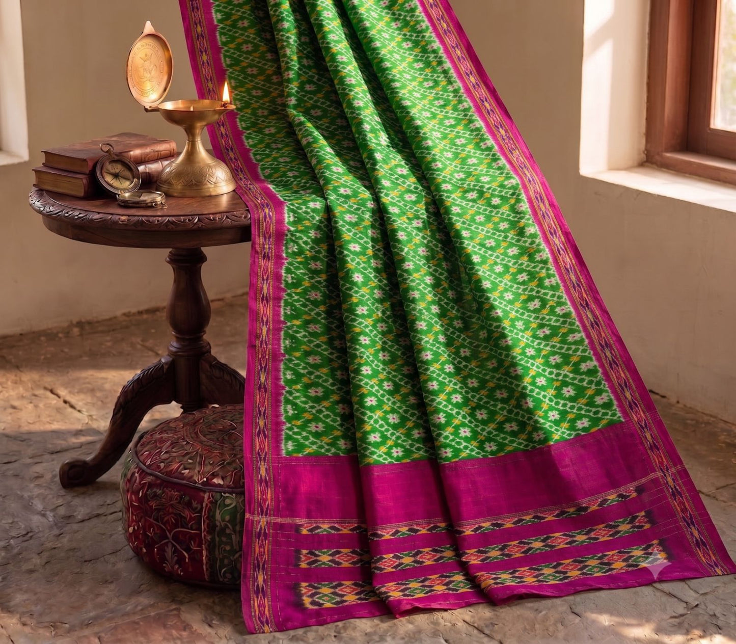 Sanskriti Vintage Green 100% Pure Silk Saree Ikat Hand Woven Pochampally Sari