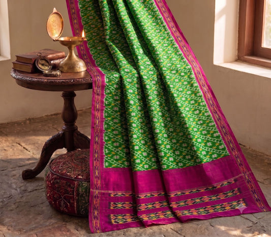 Sanskriti Vintage Green 100% Pure Silk Saree Ikat Hand Woven Pochampally Sari