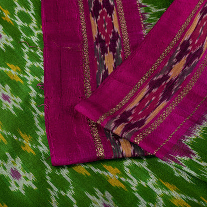 Sanskriti Vintage Green 100% Pure Silk Saree Ikat Hand Woven Pochampally Sari