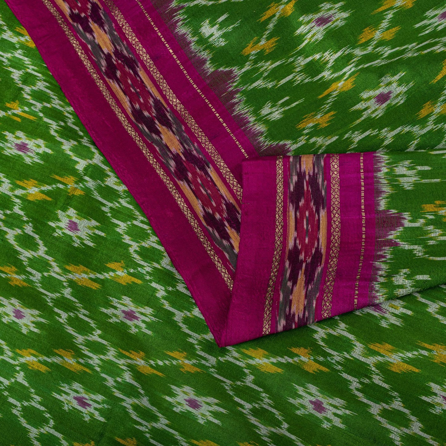 Sanskriti Vintage Green 100% Pure Silk Saree Ikat Hand Woven Pochampally Sari
