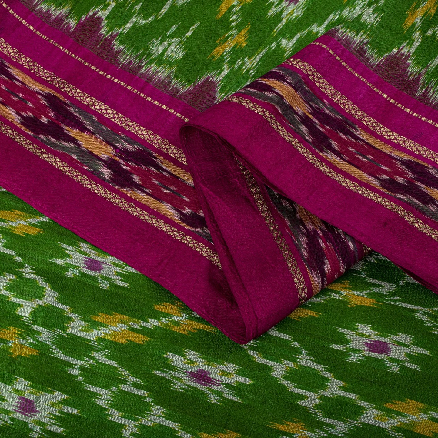 Sanskriti Vintage Green 100% Pure Silk Saree Ikat Hand Woven Pochampally Sari