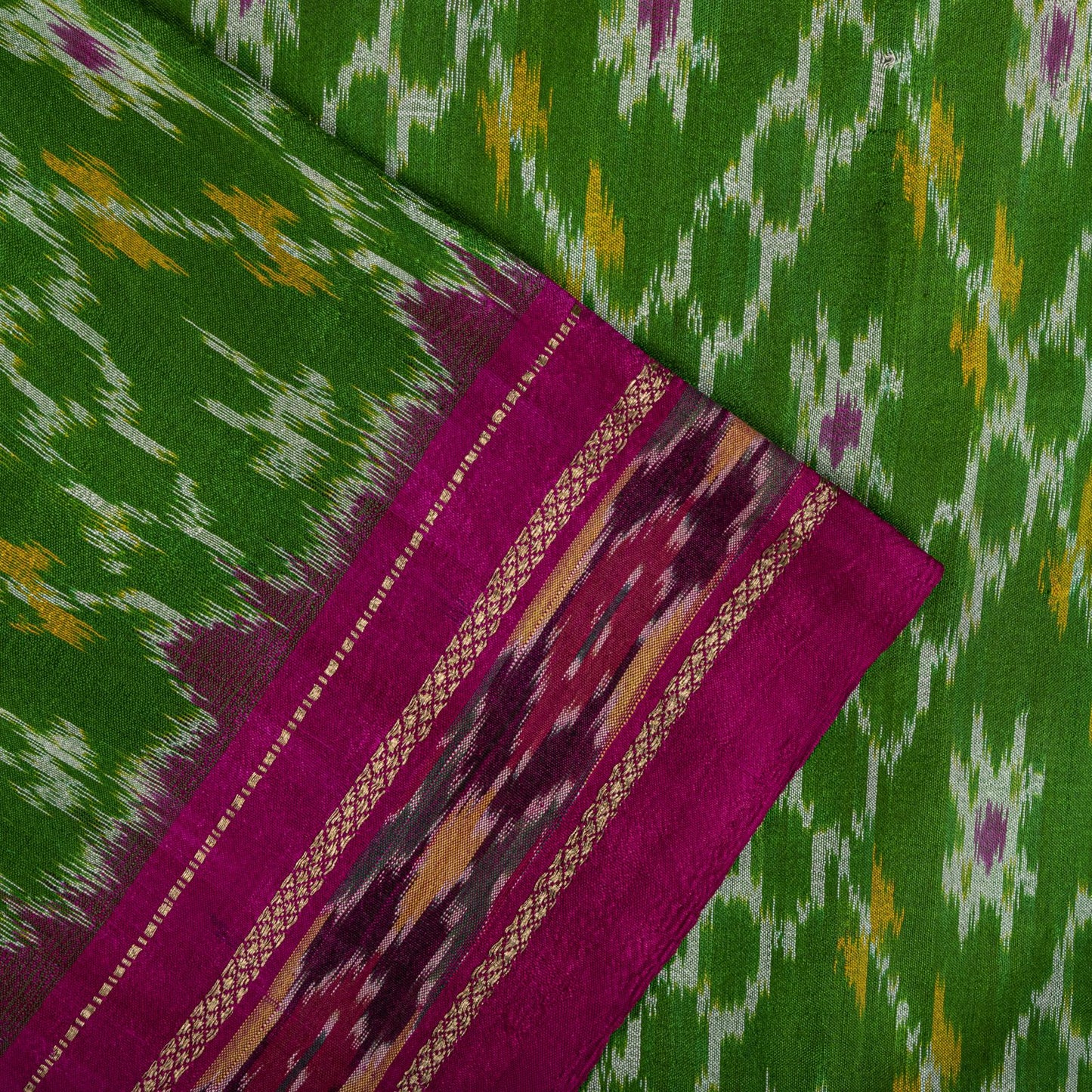 Sanskriti Vintage Green 100% Pure Silk Saree Ikat Hand Woven Pochampally Sari