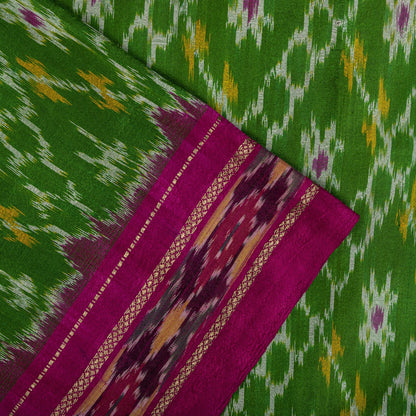 Sanskriti Vintage Green 100% Pure Silk Saree Ikat Hand Woven Pochampally Sari