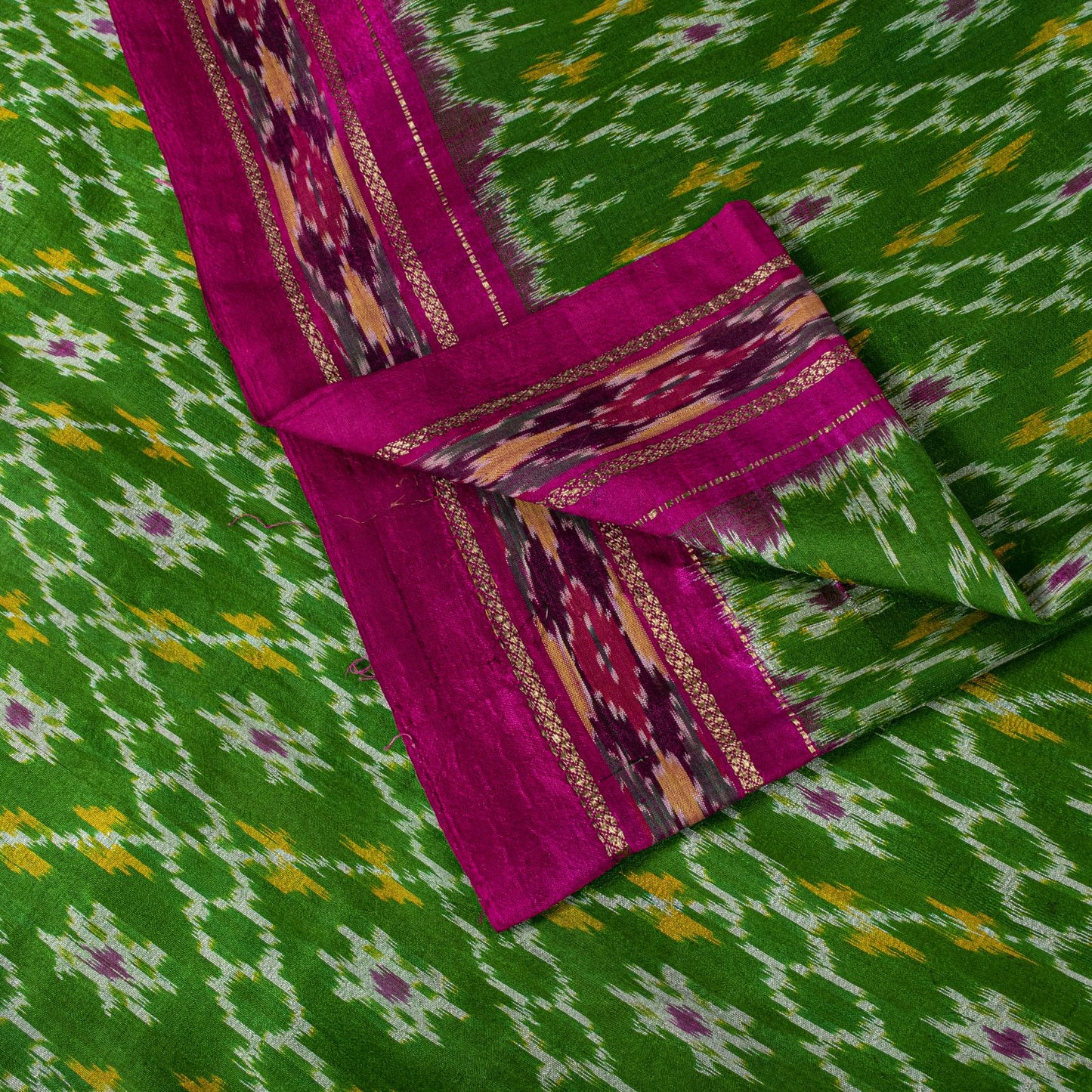 Sanskriti Vintage Green 100% Pure Silk Saree Ikat Hand Woven Pochampally Sari
