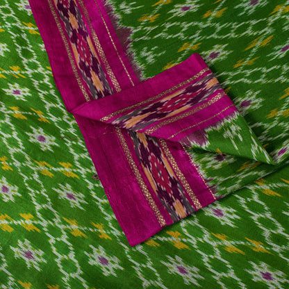 Sanskriti Vintage Green 100% Pure Silk Saree Ikat Hand Woven Pochampally Sari